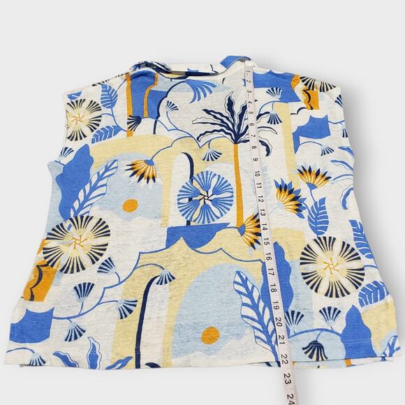 Nicole Miller Tropical Floral Print Linen Collar Top Medium Blue Multi Summer - Picture 8 of 9